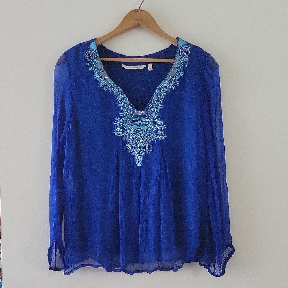 Soft Surroundings‎ Royal Blue Beaded Embroidered Layered Blouse Size Small